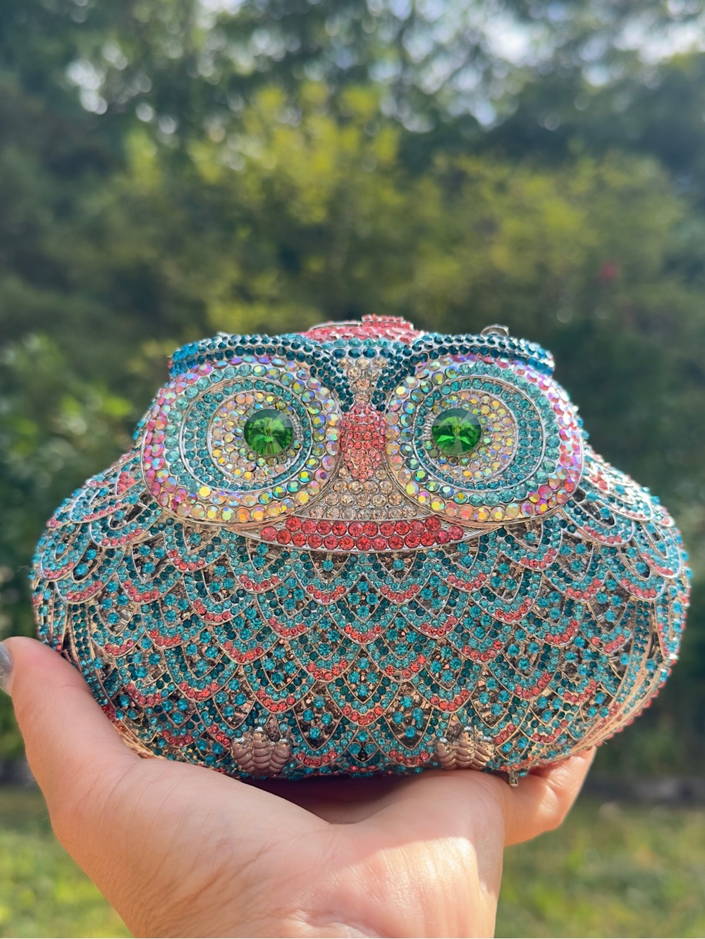 Rhinestone Owl Evening Clutch in Teal and Pink